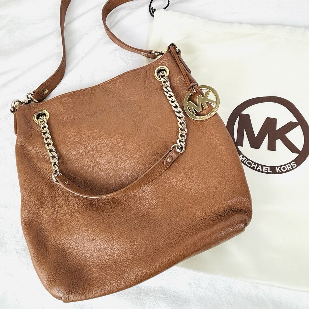 Michael Kors Jet Set Gold Chain Brown Cognac Pebbled Leather Crossbody Shoulder